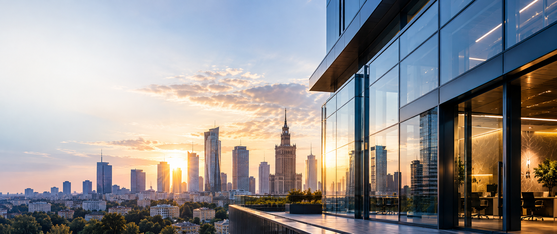 Warsaw business skyline and modern office building representing the Polish market