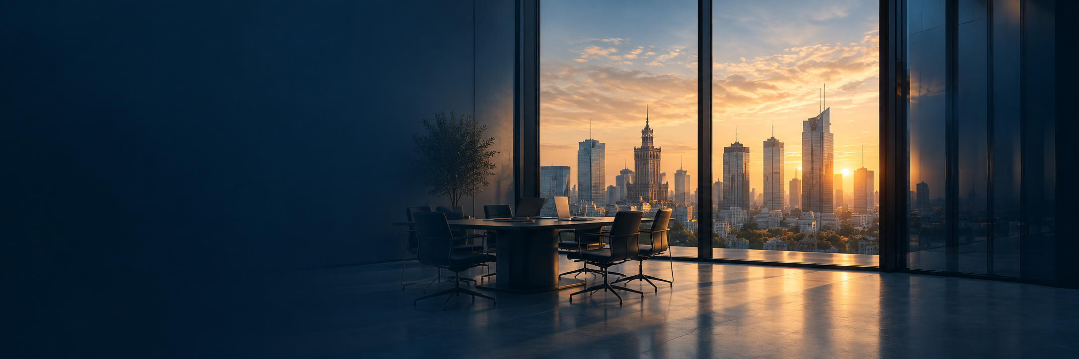 Modern Warsaw office meeting room at sunset