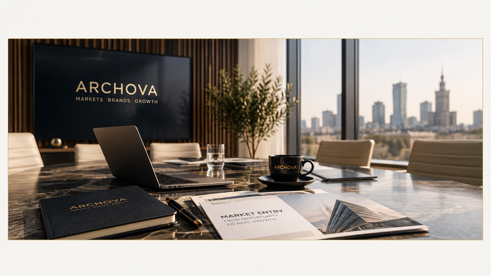 ARCHOVA boardroom with market-entry materials, laptop and Warsaw skyline