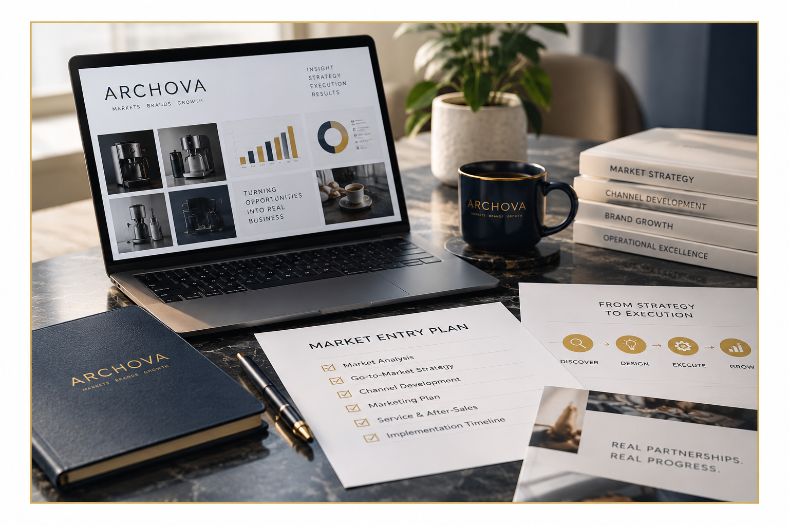 ARCHOVA market-entry strategy workspace with planning materials, laptop dashboard and execution roadmap