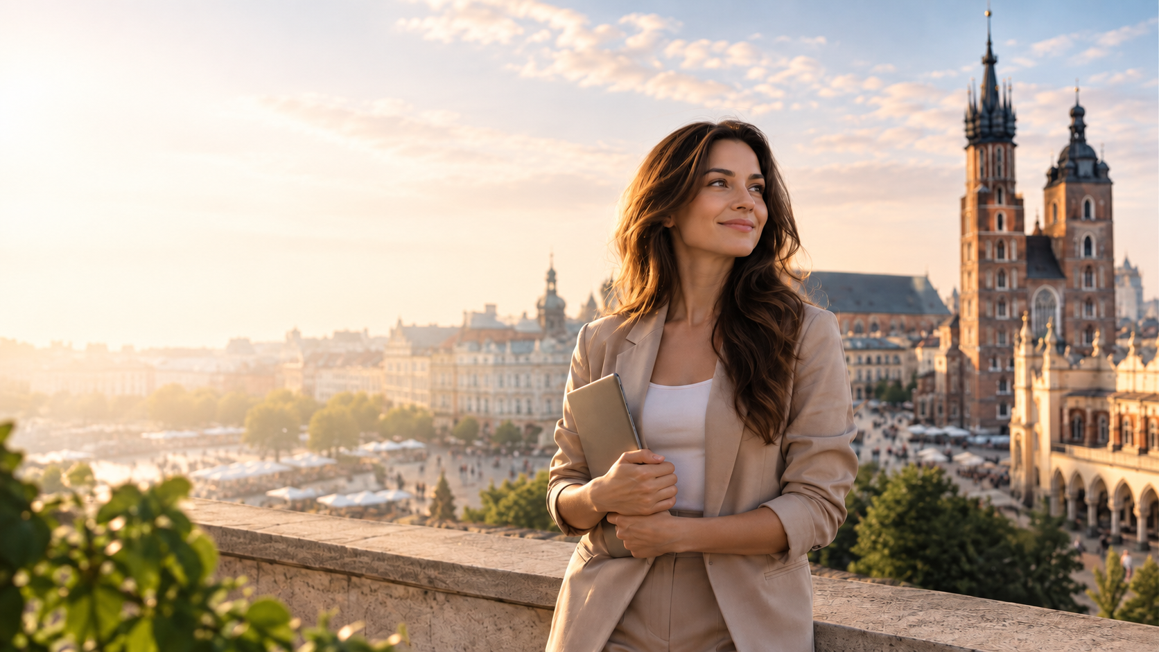 Kraków skyline with professional businesswoman